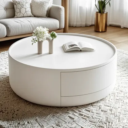 Cream Round Modern Wood Coffee Table with Storage Image - 3