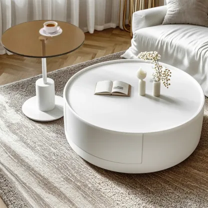 Cream Round Modern Wood Coffee Table with Storage Image - 4