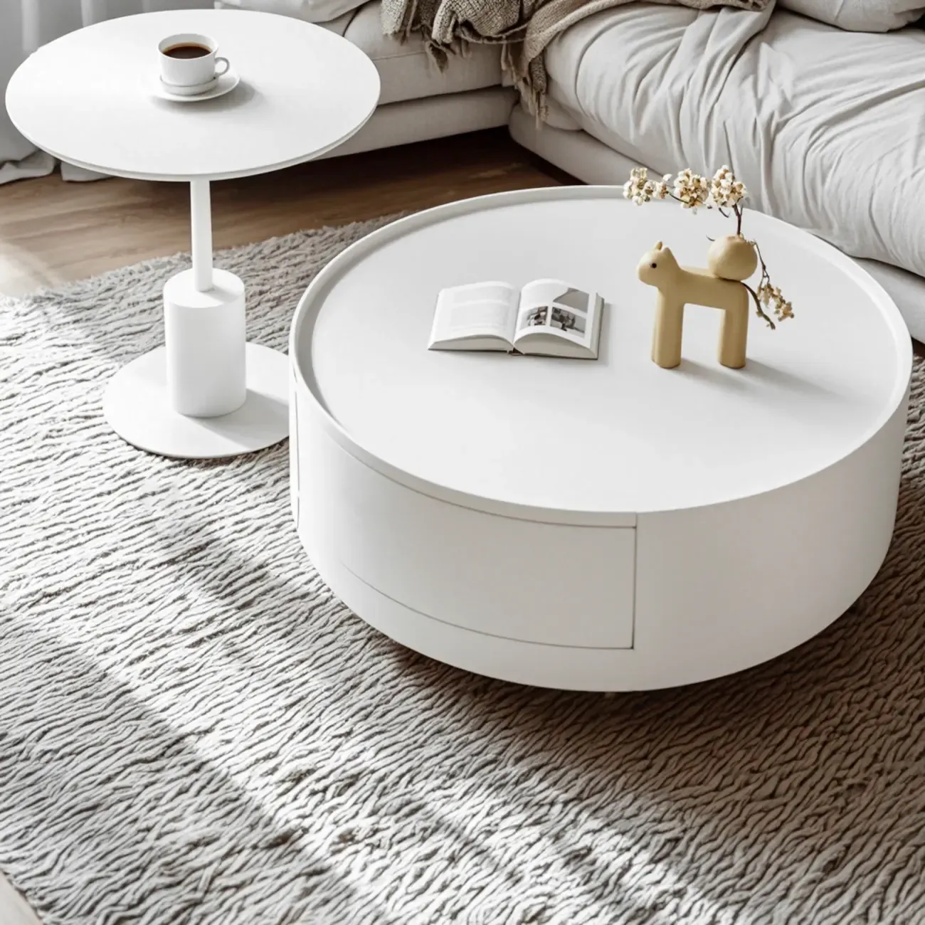 Cream Round Modern Wood Coffee Table with Storage Image - 5