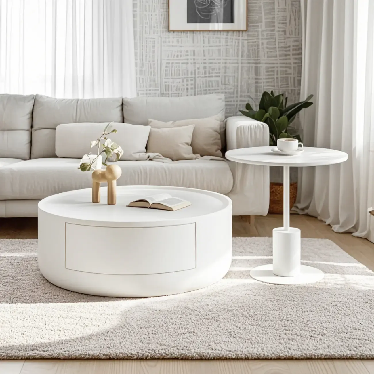 Cream Round Modern Wood Coffee Table with Storage Image - 6