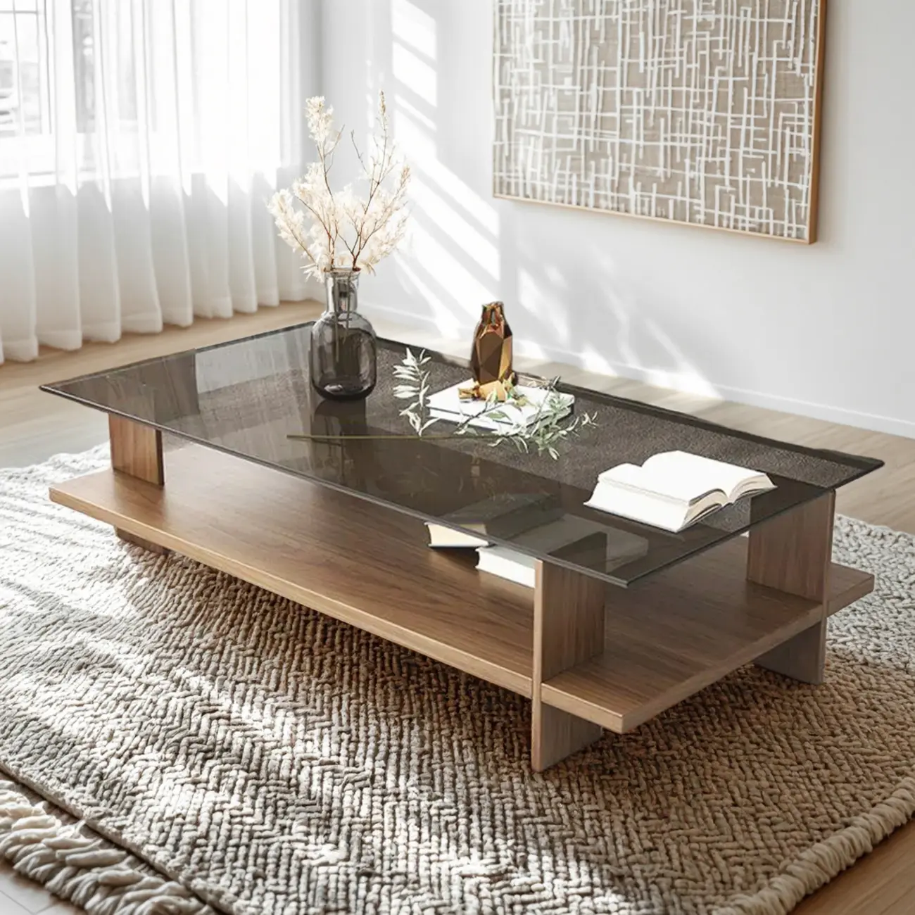 2-Tier Modern Glass Rectangular Coffee Table with Wood Base Image - 1 | homeyfad