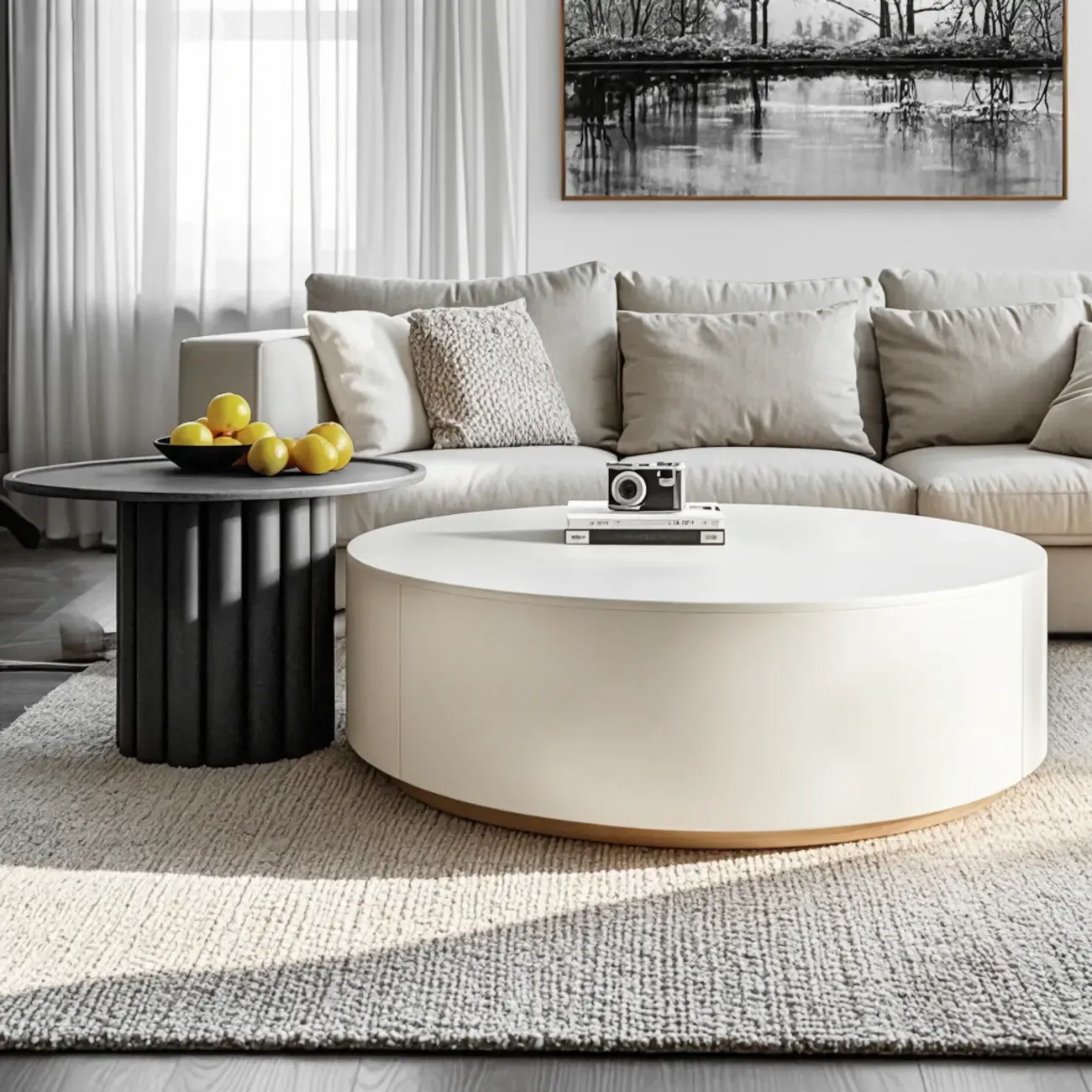 Black White Modern Stylish Round Wood Drawer Coffee Table Image - 1