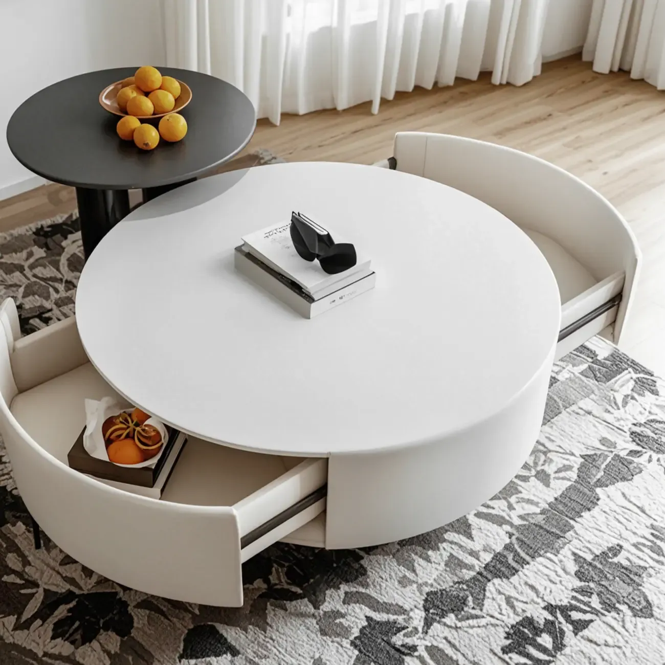 Black White Modern Stylish Round Wood Drawer Coffee Table Image - 2