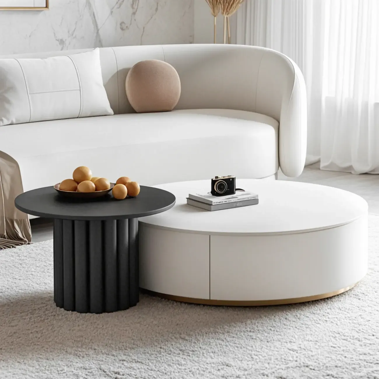Black White Modern Stylish Round Wood Drawer Coffee Table Image - 4