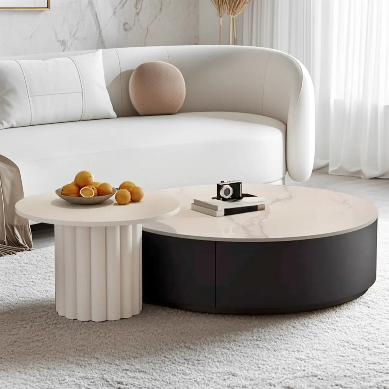 Black White Modern Stylish Round Wood Drawer Coffee Table Image - 5 | homeyfad