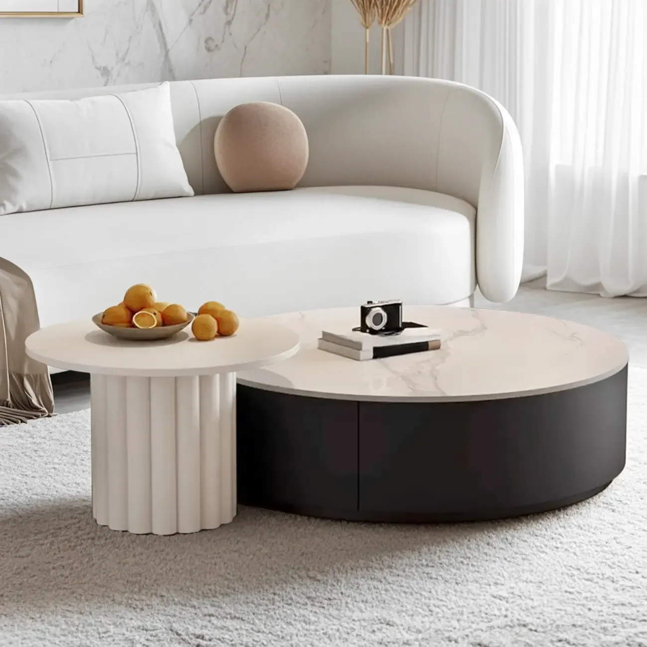 Black White Modern Stylish Round Wood Drawer Coffee Table Image - 5