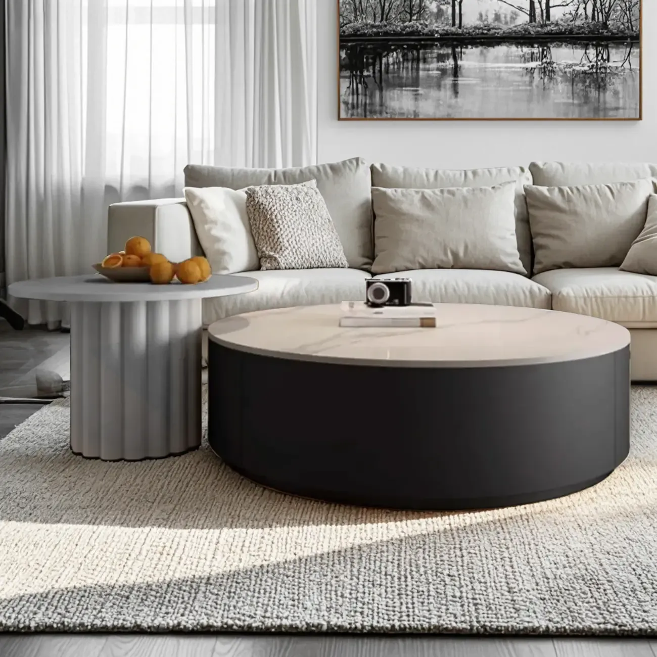 Black White Modern Stylish Round Wood Drawer Coffee Table Image - 3