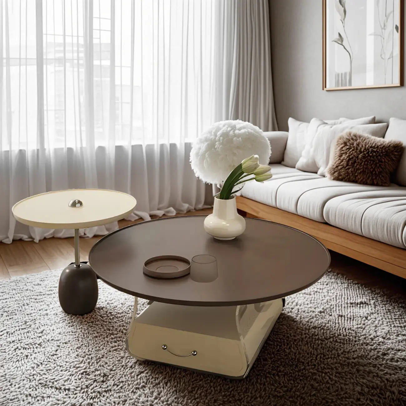 Elegant Brown Beige Round Modern Wood Drawer Coffee Table Image - 1 | homeyfad