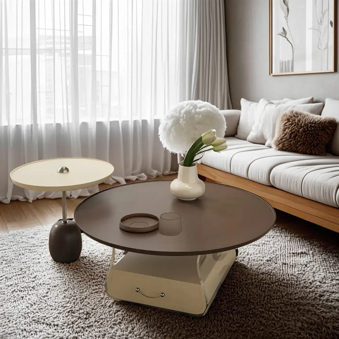 Elegant Brown Beige Round Modern Wood Drawer Coffee Table Image - 1