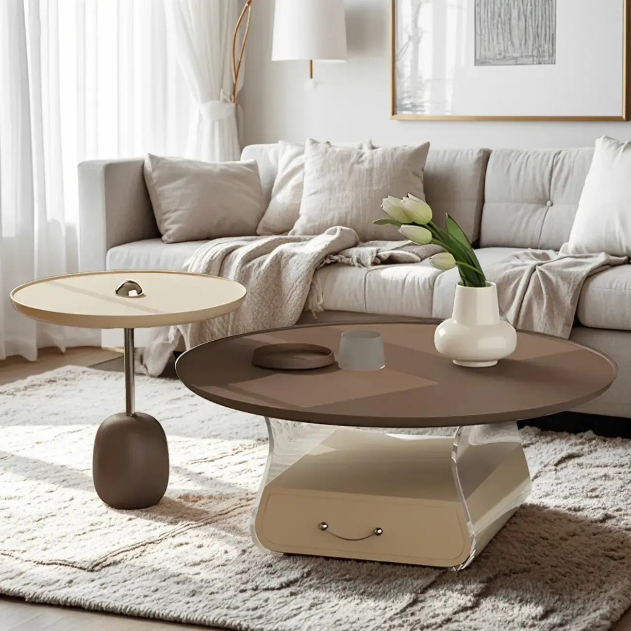 Elegant Brown Beige Round Modern Wood Drawer Coffee Table Image - 2