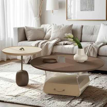 Elegant Brown Beige Round Modern Wood Drawer Coffee Table Image - 2
