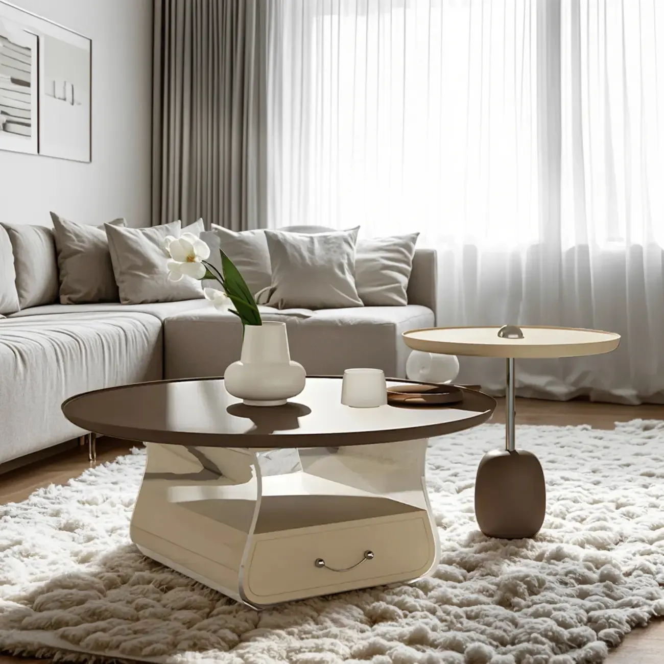 Elegant Brown Beige Round Modern Wood Drawer Coffee Table Image - 3