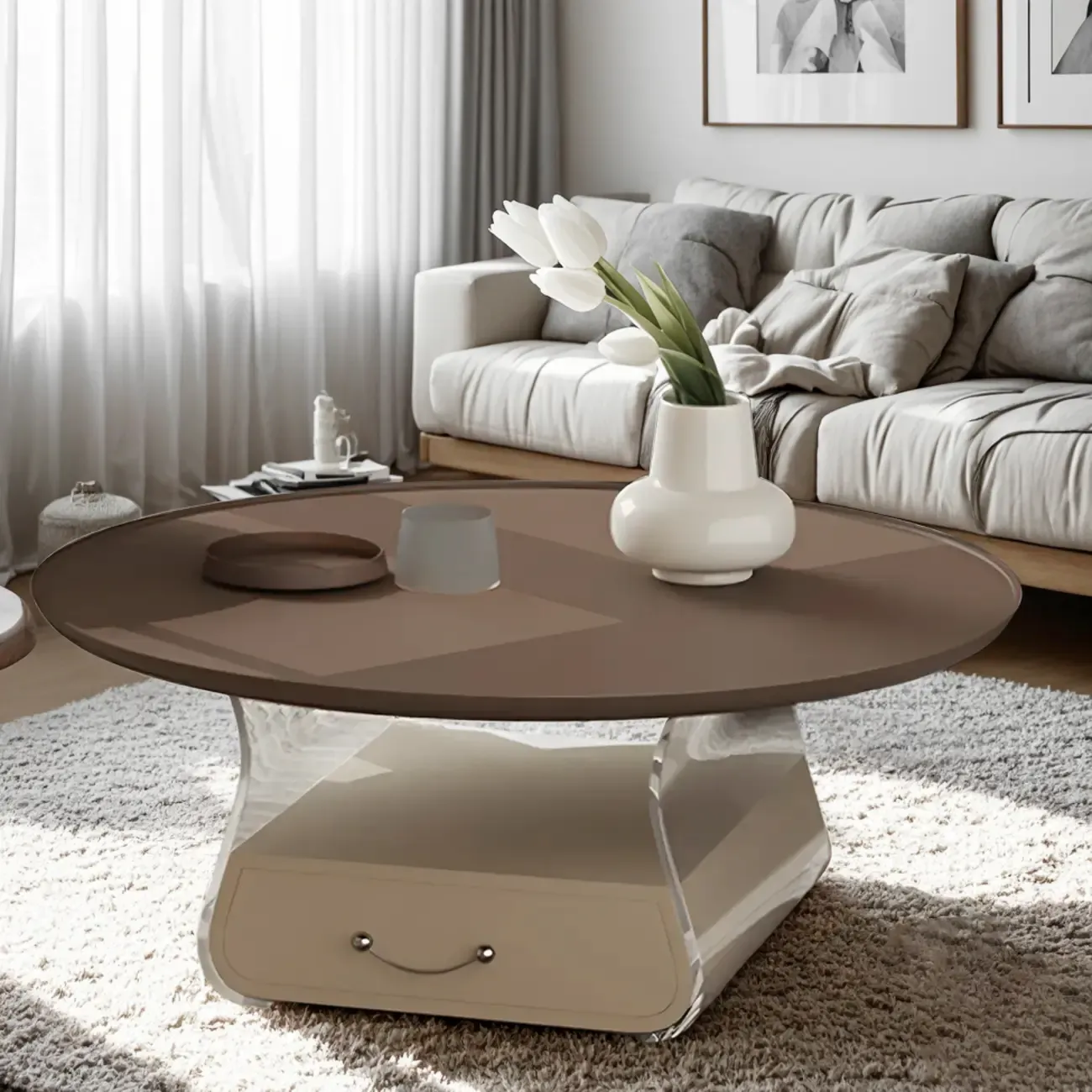 Elegant Brown Beige Round Modern Wood Drawer Coffee Table Image - 4
