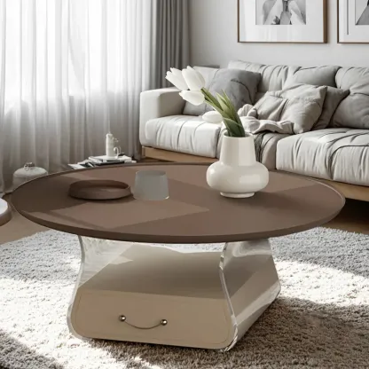 Elegant Brown Beige Round Modern Wood Drawer Coffee Table Image - 4