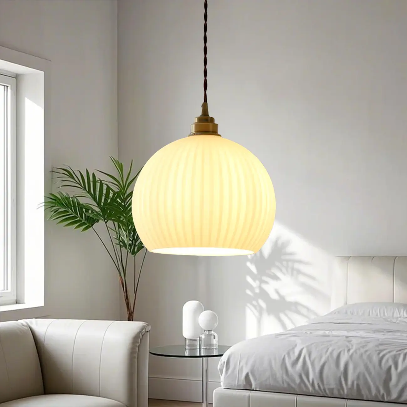 Minimalist White Glass Lantern LED Pendant Lamp for Living Room Image - 1 | homeyfad