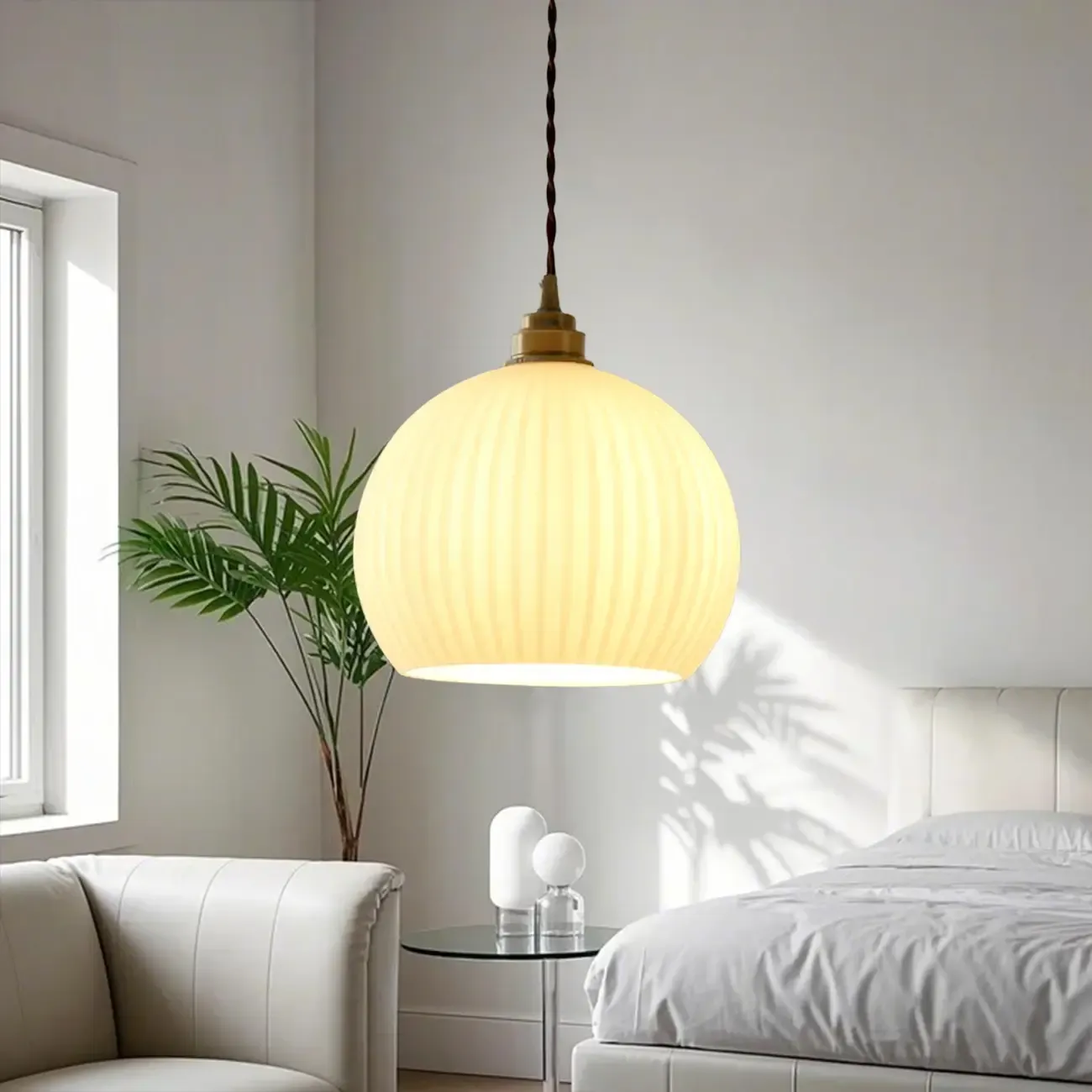 Minimalist White Glass Lantern LED Pendant Lamp for Living Room Image - 1