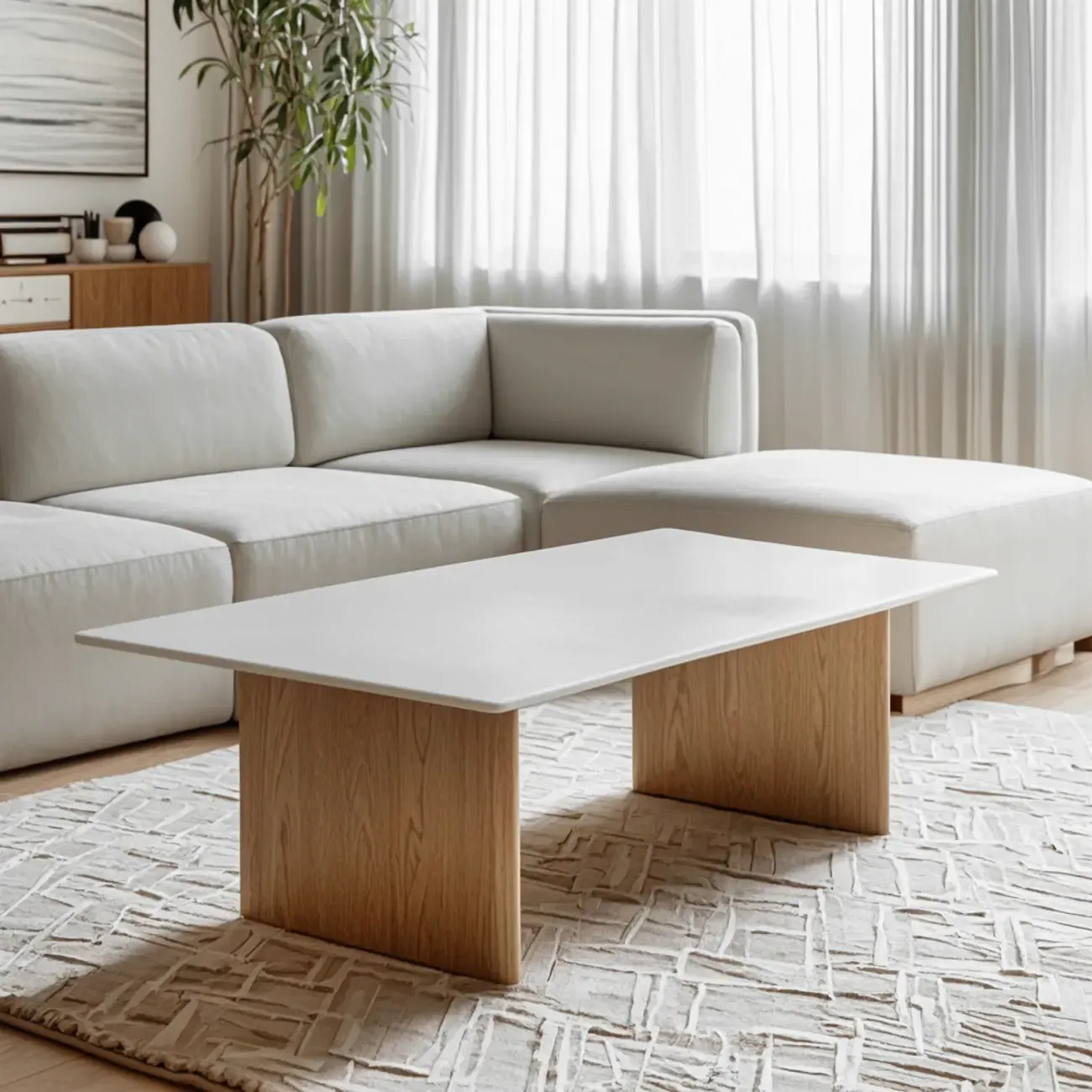 Modern Faux Marble White Rectangular Coffee Table Image - 2