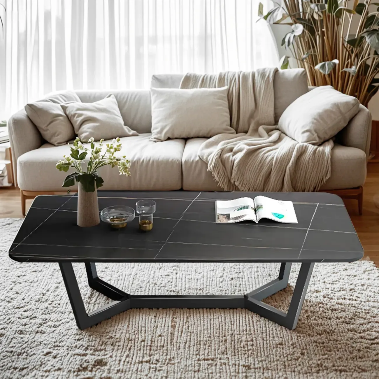 Modern Stone Black Coffee Table with Metal Base Image - 1