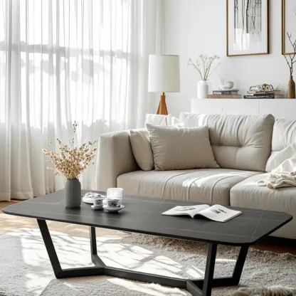 Modern Stone Black Coffee Table with Metal Base Image - 2