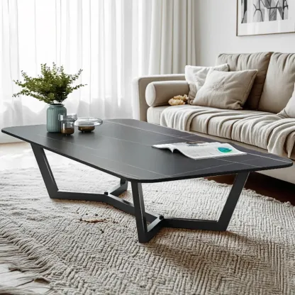 Modern Stone Black Coffee Table with Metal Base Image - 3