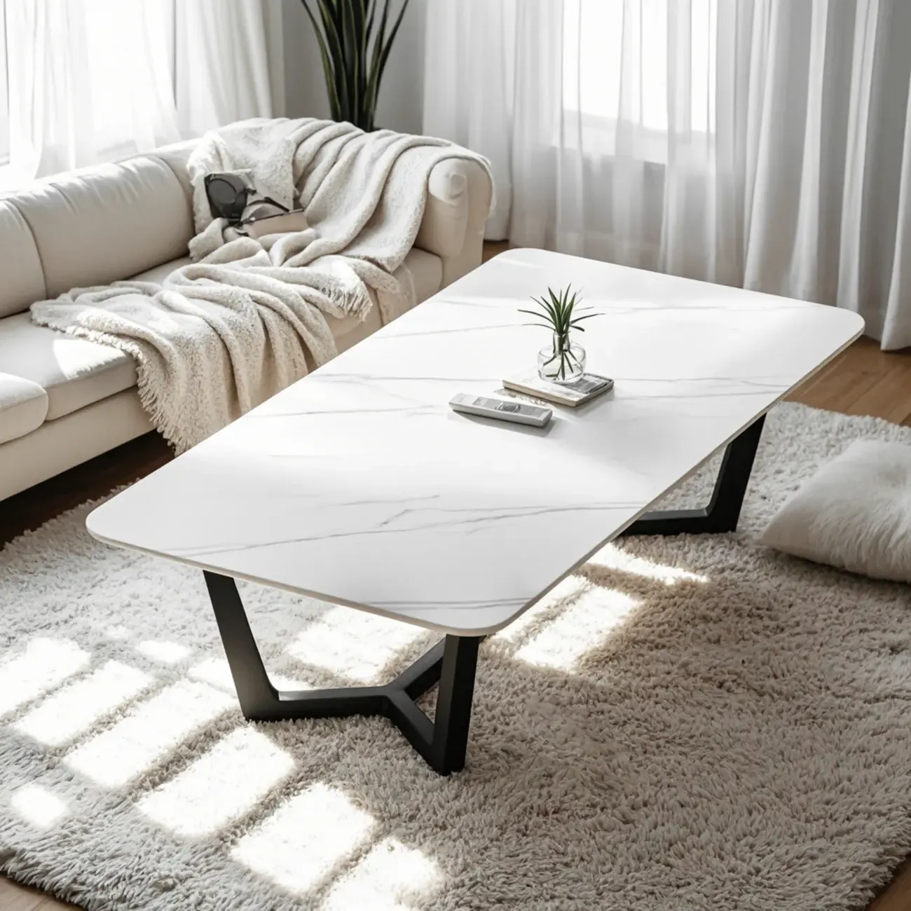 Modern Stone Black Coffee Table with Metal Base Image - 4
