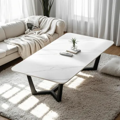 Modern Stone Black Coffee Table with Metal Base Image - 4