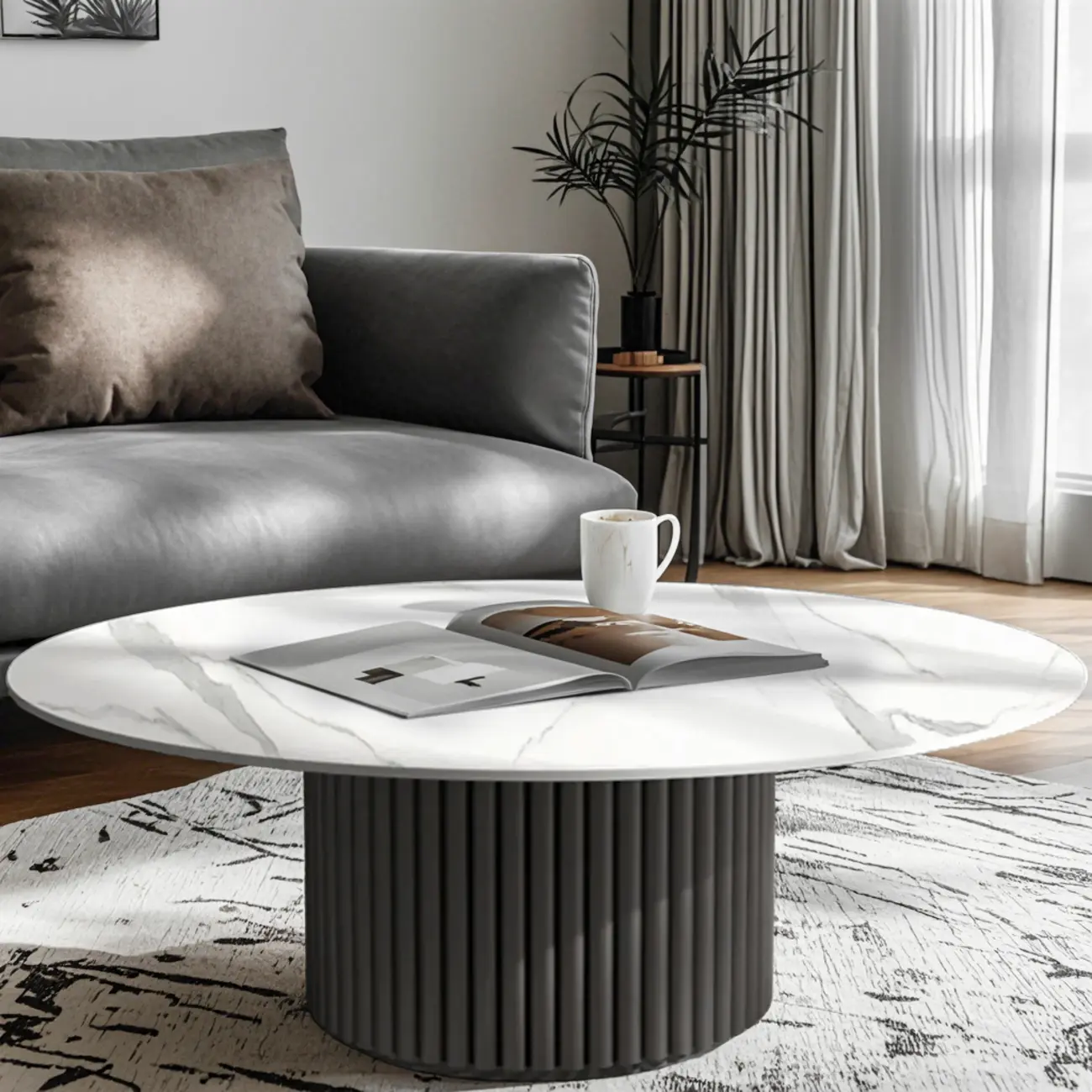 Modern White Stone Round Coffee Table with Iron Stump Base Image - 1 | homeyfad