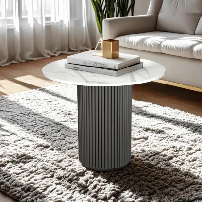 Modern White Stone Round Coffee Table with Iron Stump Base Image - 2