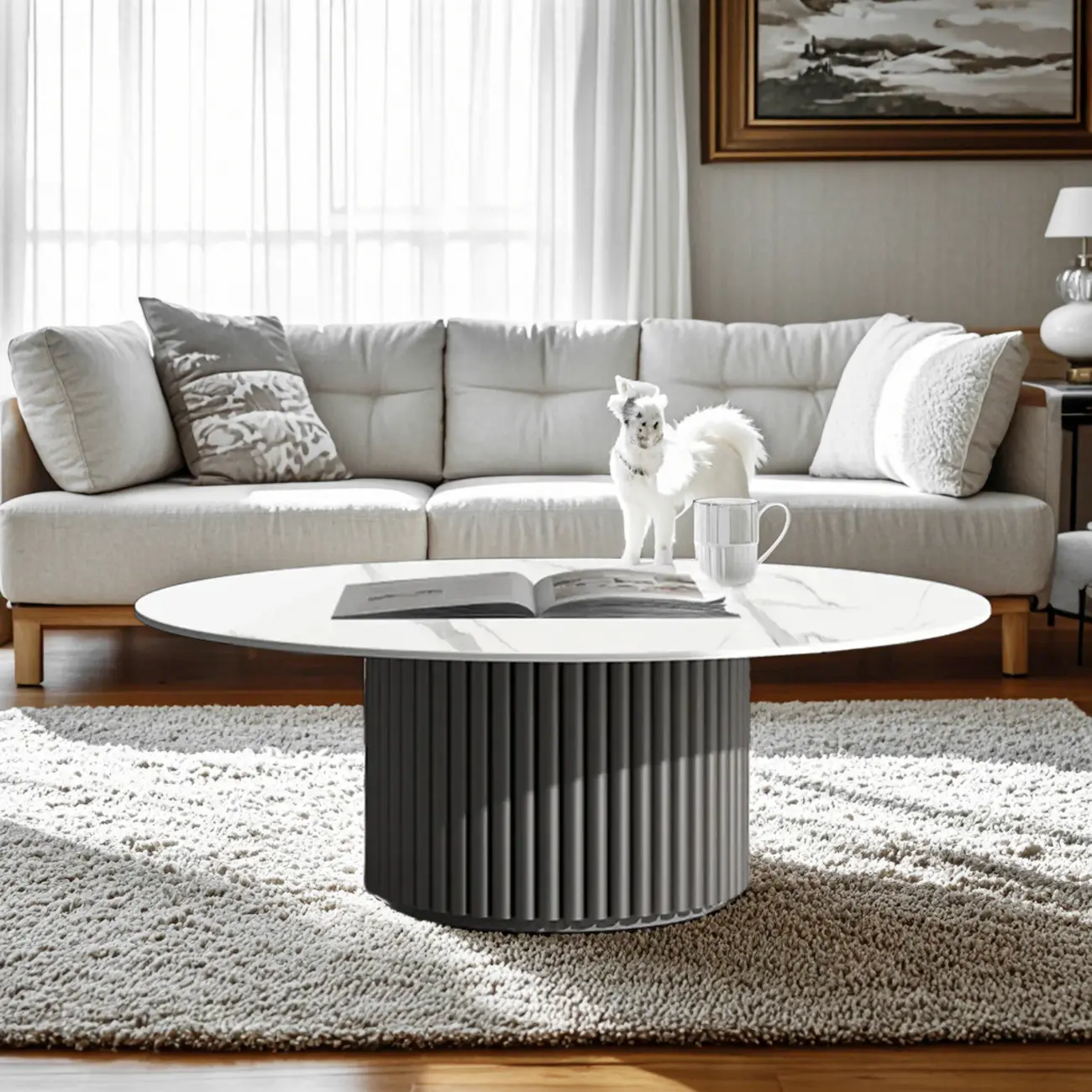 Modern White Stone Round Coffee Table with Iron Stump Base Image - 3 | homeyfad