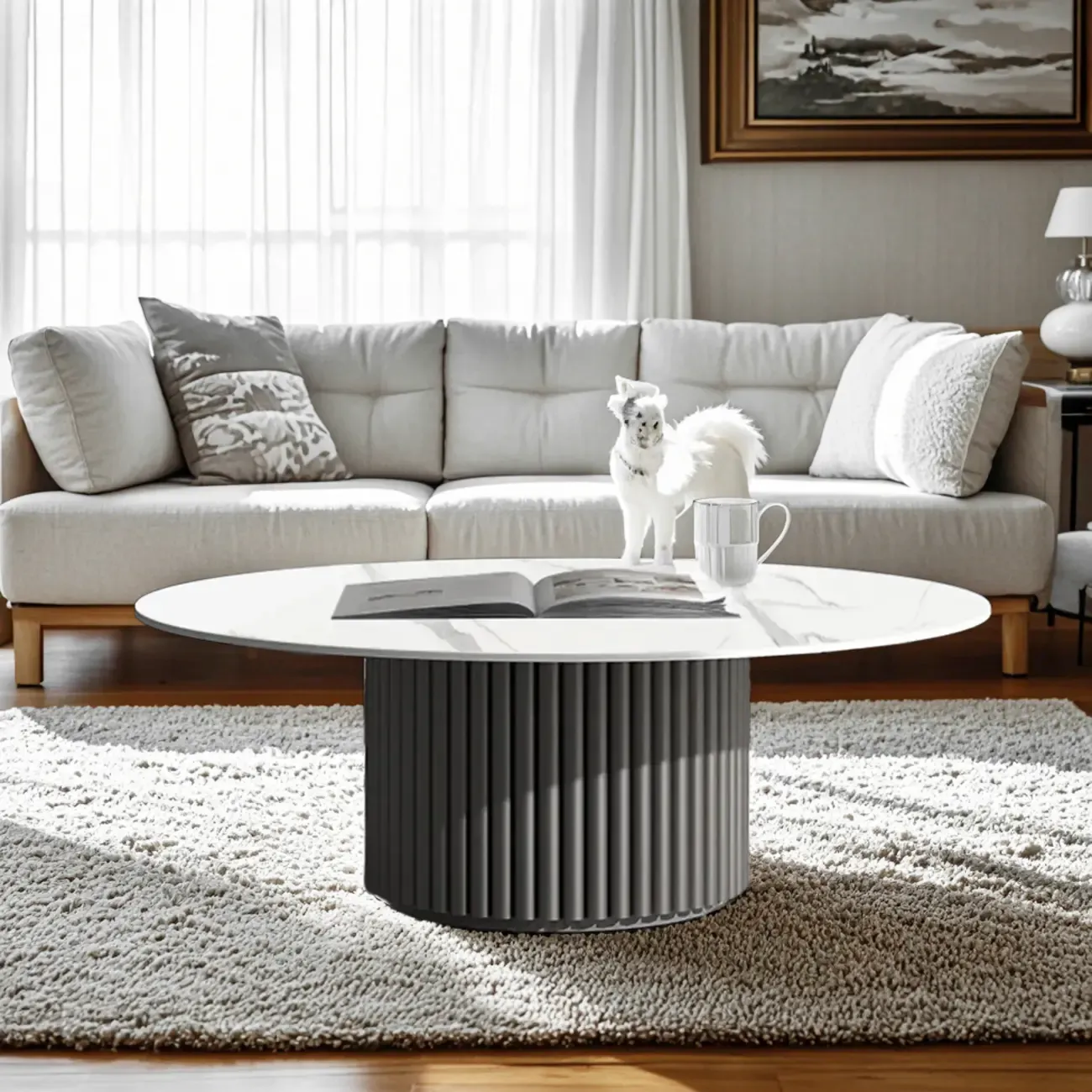Modern White Stone Round Coffee Table with Iron Stump Base Image - 3
