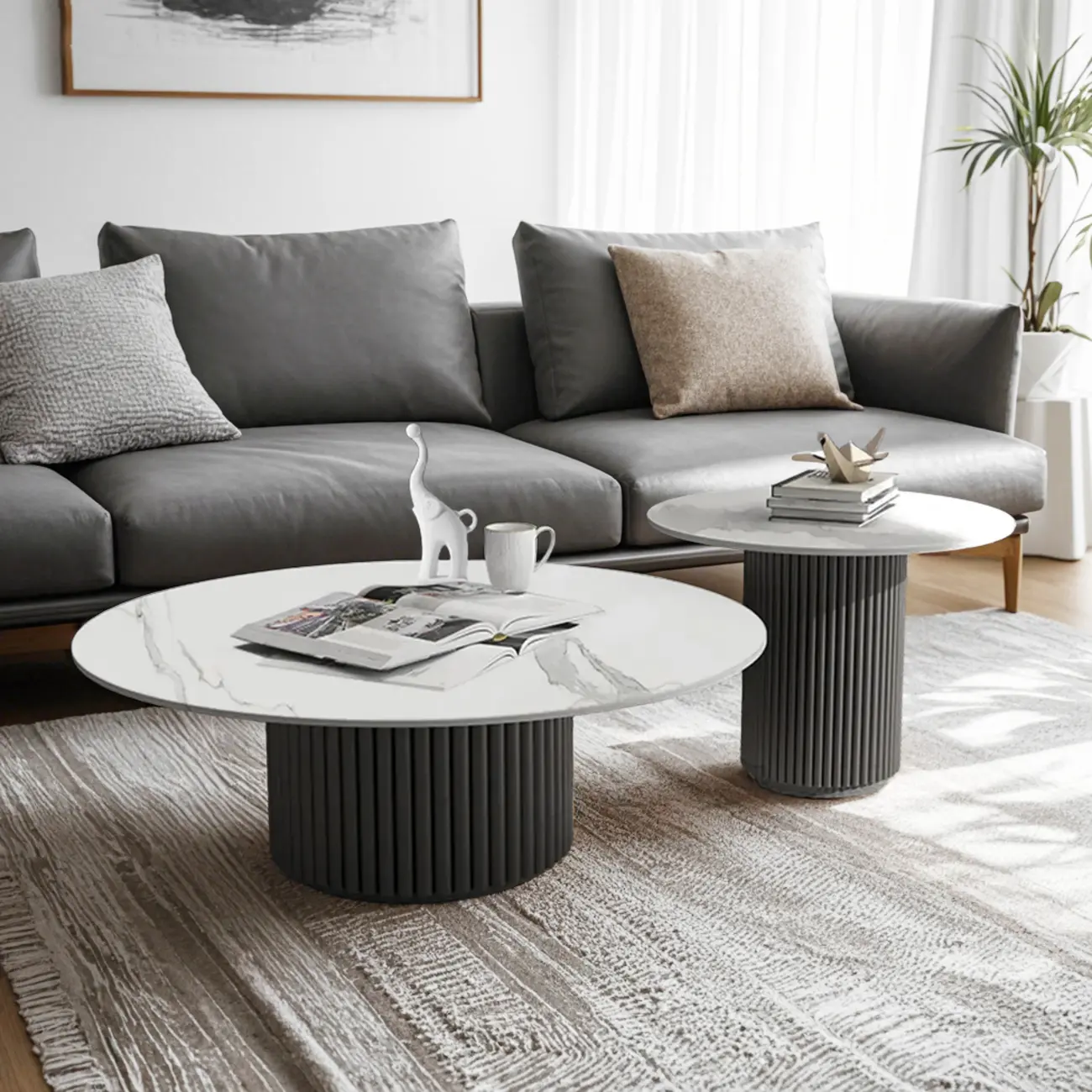 Modern White Stone Round Coffee Table with Iron Stump Base Image - 4 | homeyfad