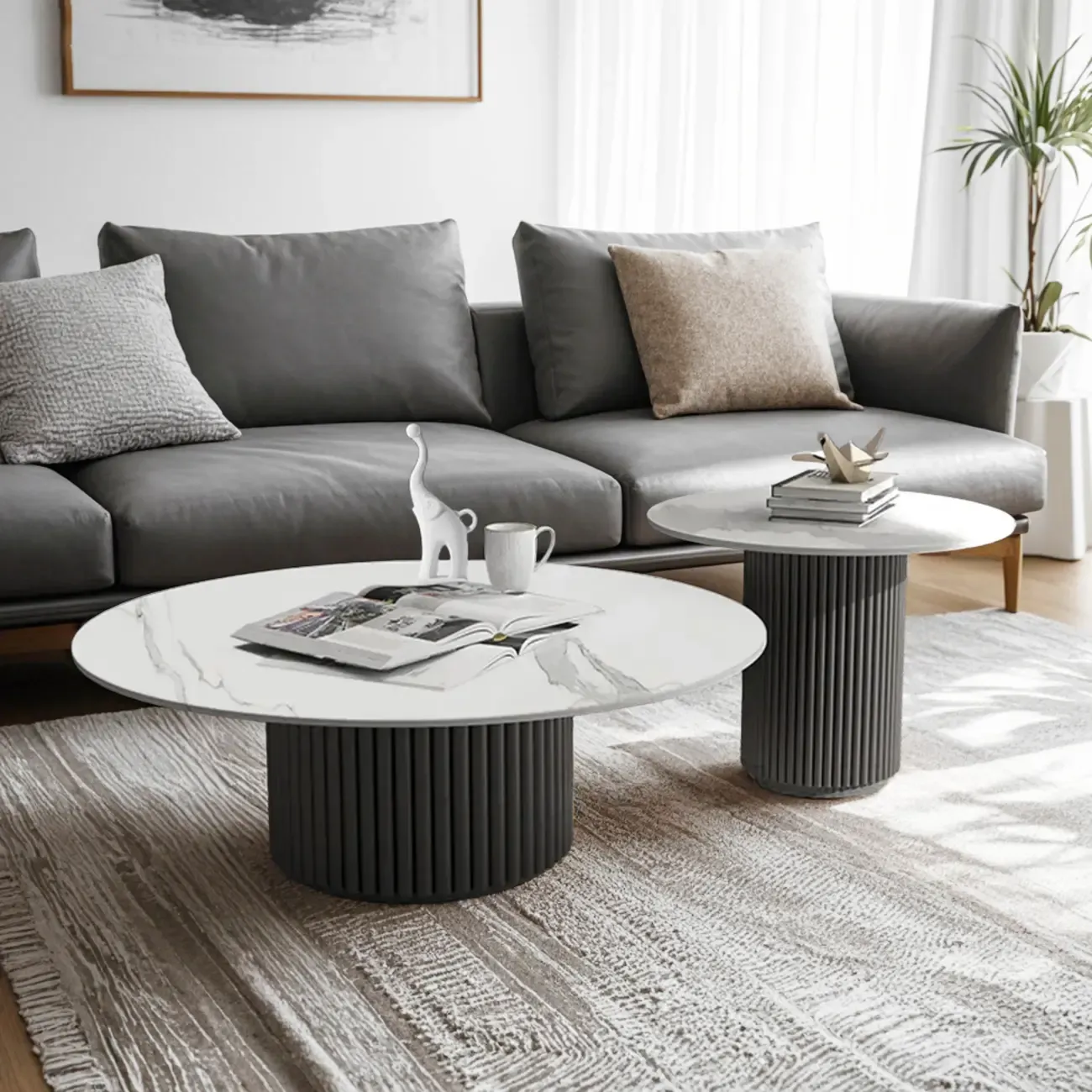 Modern White Stone Round Coffee Table with Iron Stump Base Image - 4