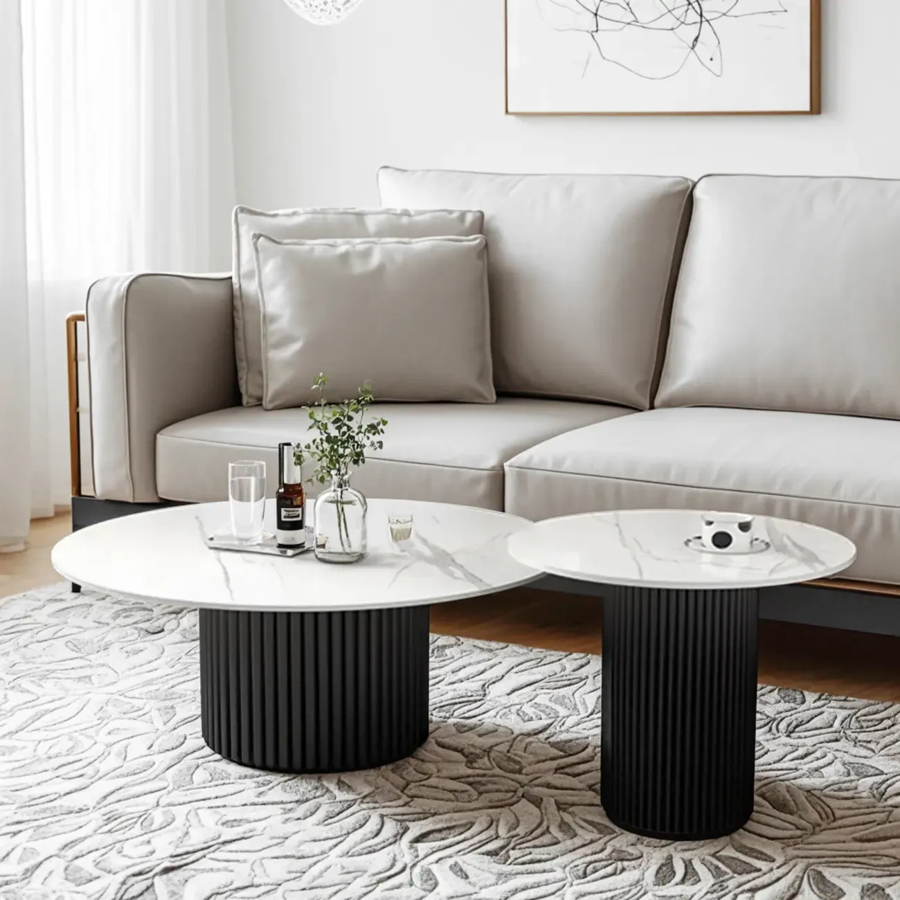 Modern White Stone Round Coffee Table with Iron Stump Base Image - 5