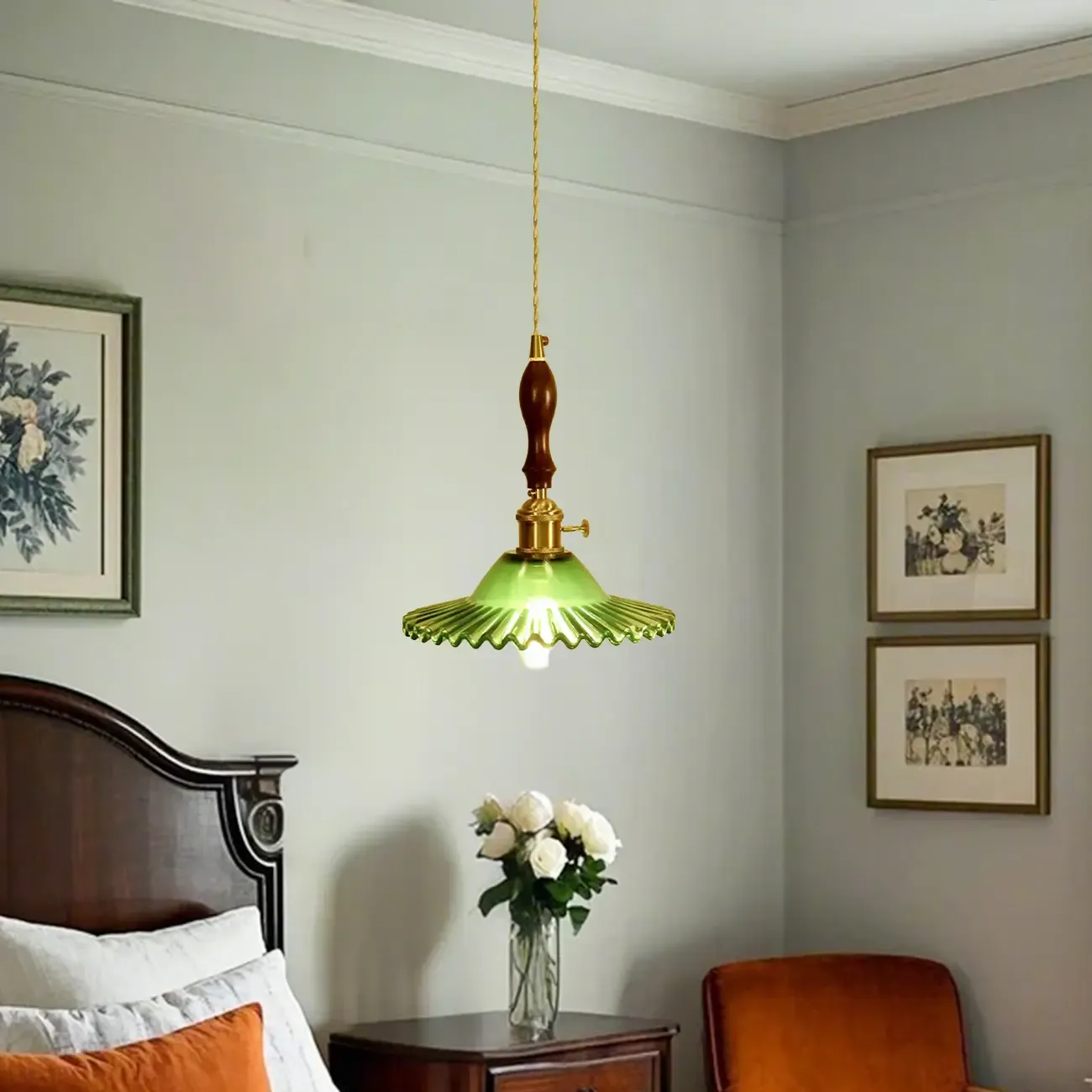 vintage green glass pleated led pendant light for bedroom Image - 2