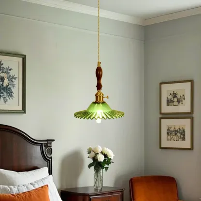 vintage green glass pleated led pendant light for bedroom Image - 2