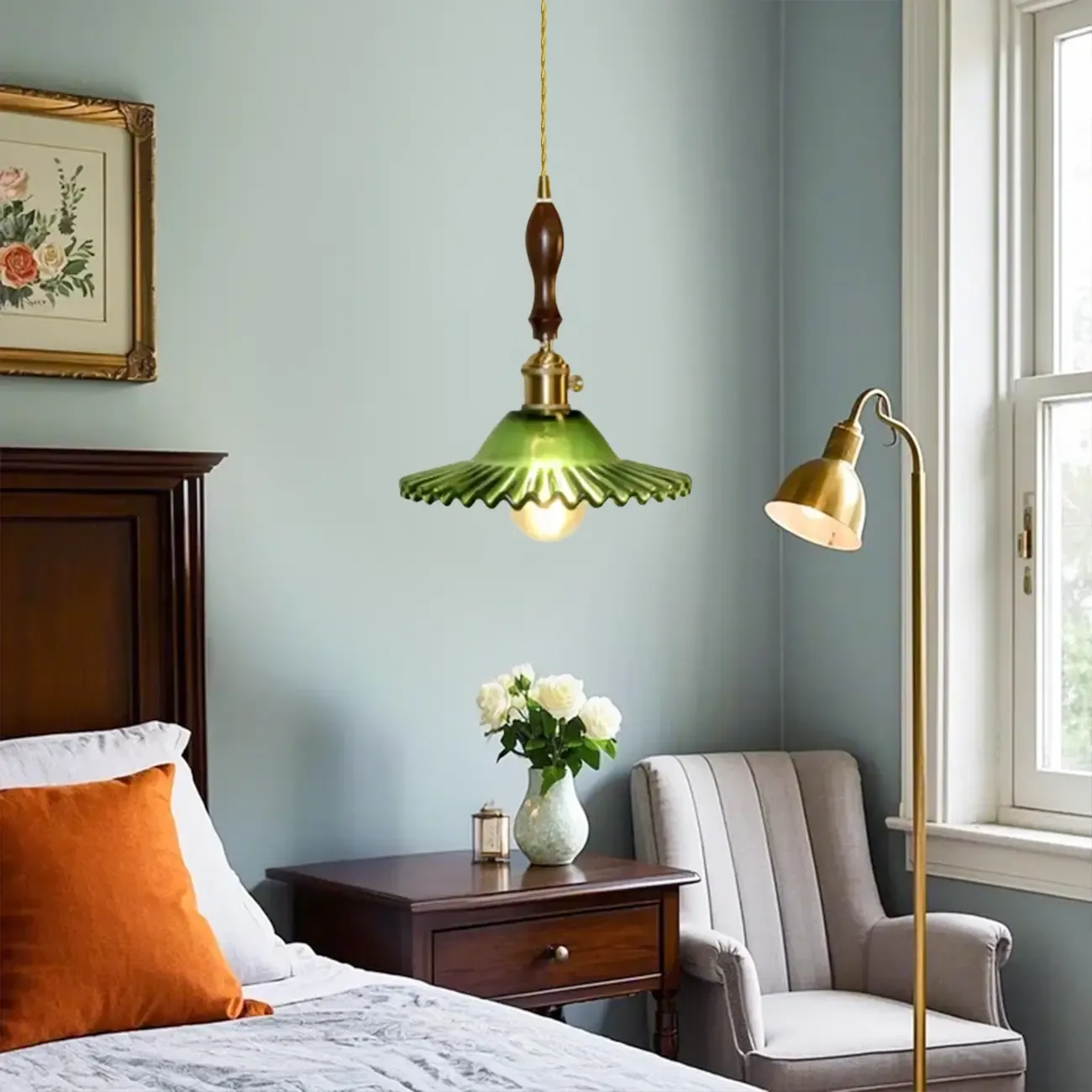vintage green glass pleated led pendant light for bedroom Image - 3