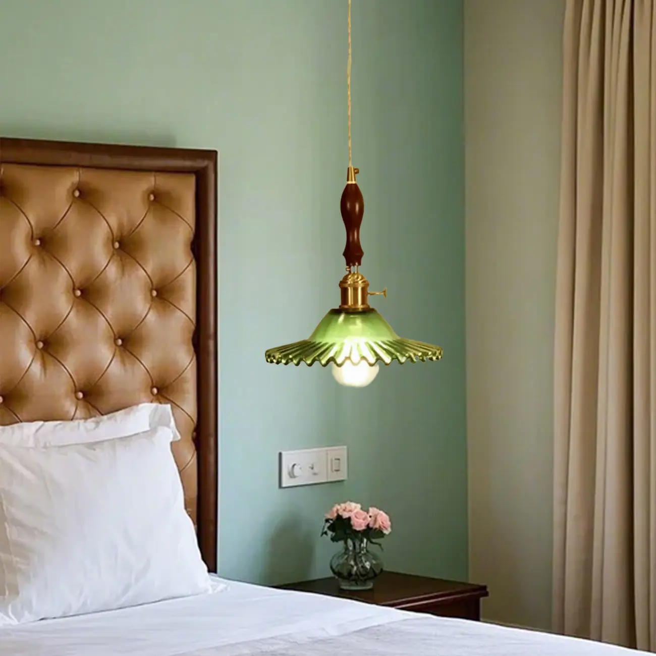 vintage green glass pleated led pendant light for bedroom Image - 4 | homeyfad