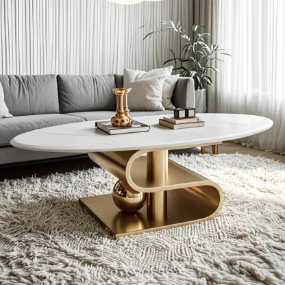 Glam White Stone Oval Abstract Coffee Table Image - 1