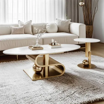 Glam White Stone Oval Abstract Coffee Table Image - 2