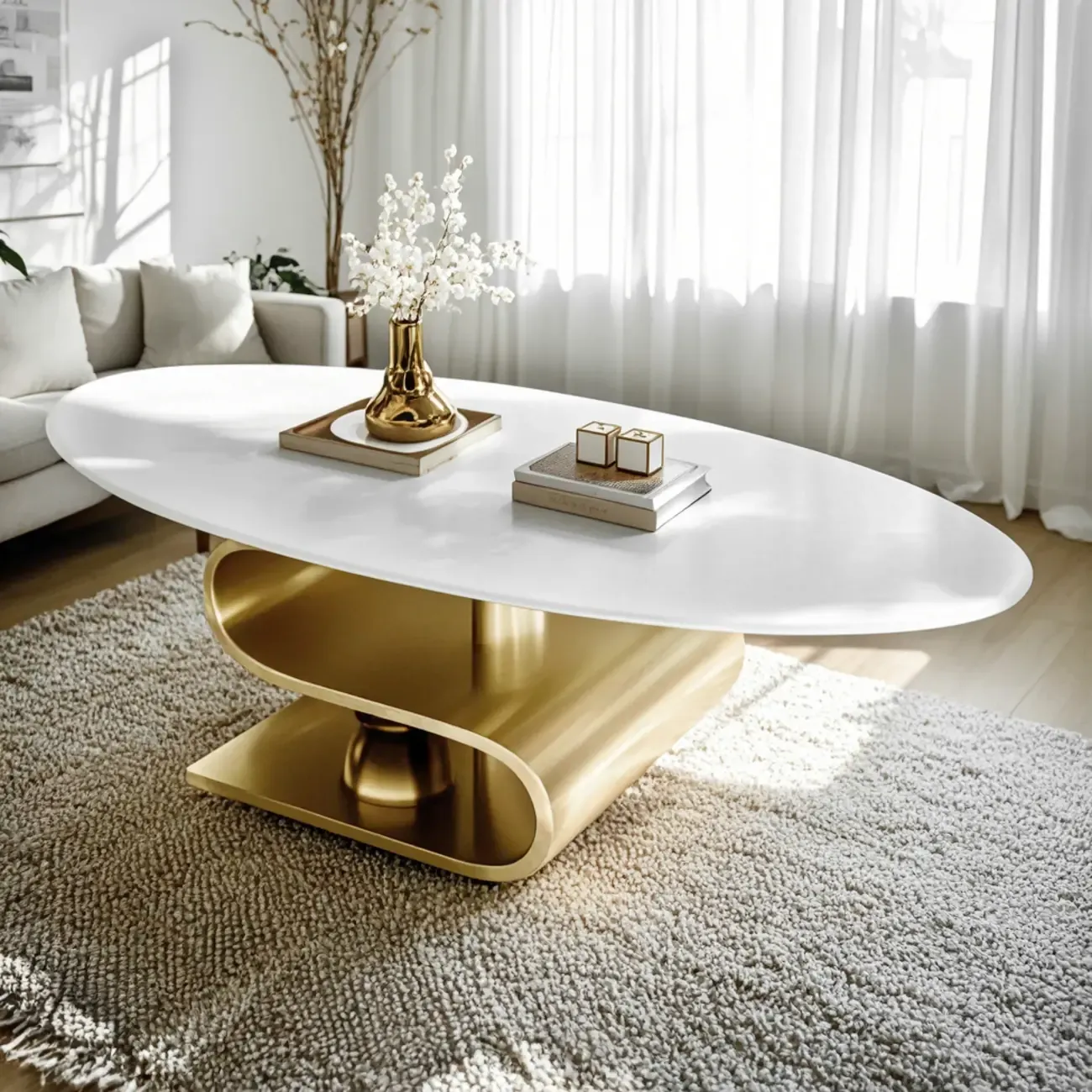 Glam White Stone Oval Abstract Coffee Table Image - 3