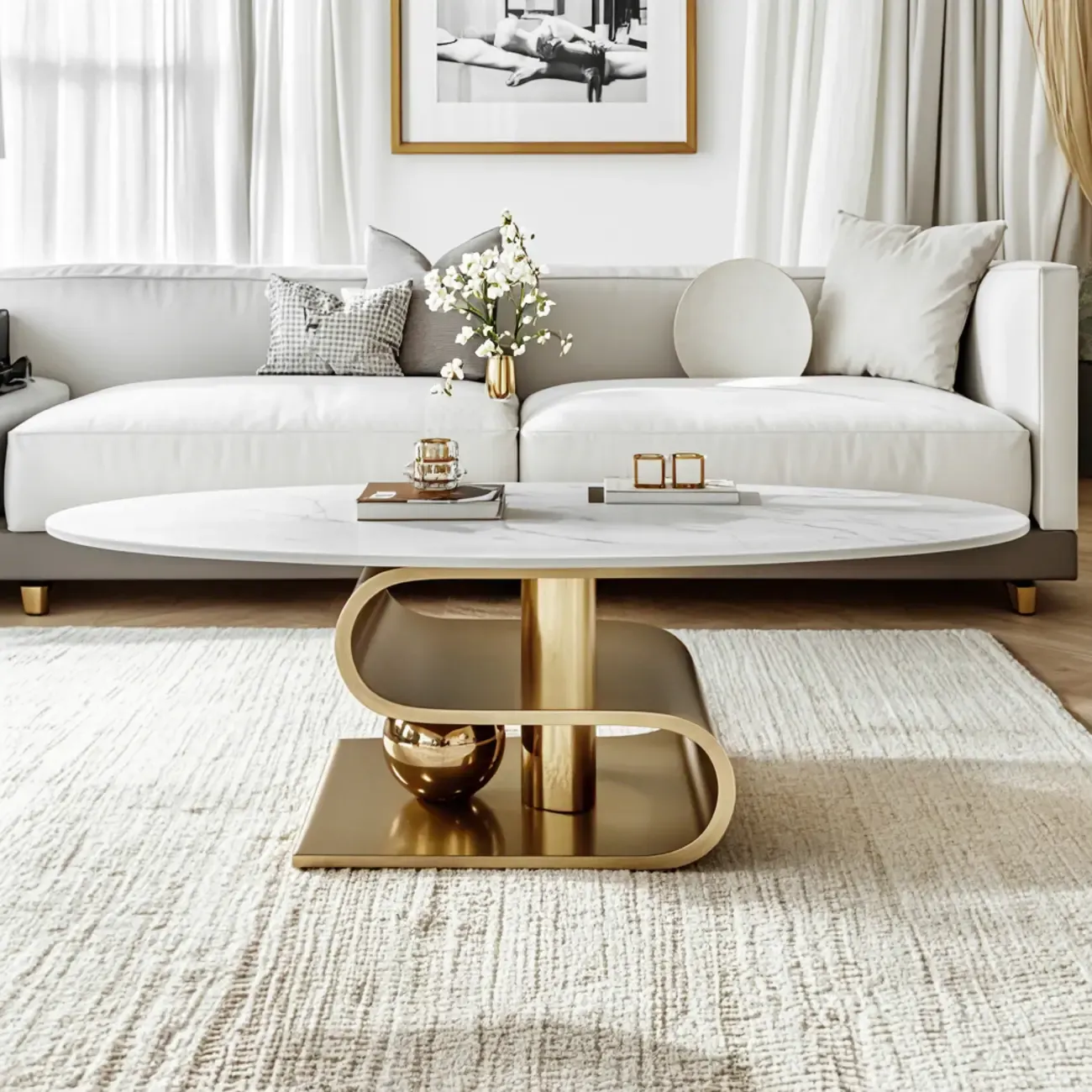 Glam White Stone Oval Abstract Coffee Table Image - 4