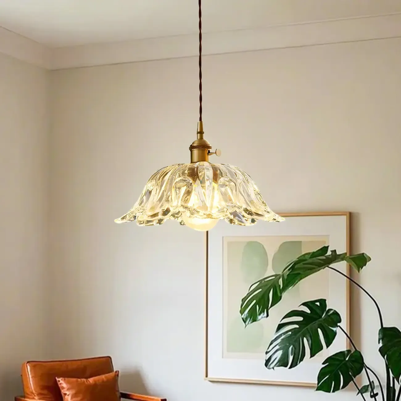 Vintage Clear Glass Floral Pendant Lamp for Living Room Image - 1