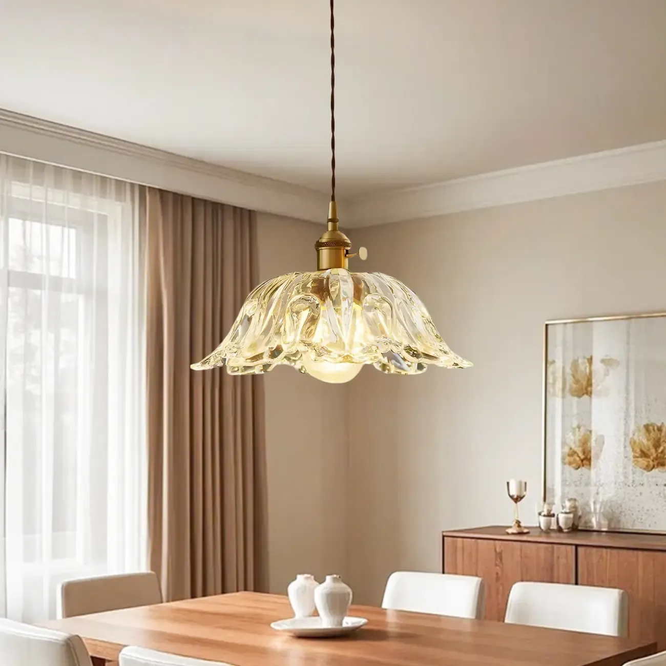 Vintage Clear Glass Floral Pendant Lamp for Living Room Image - 4