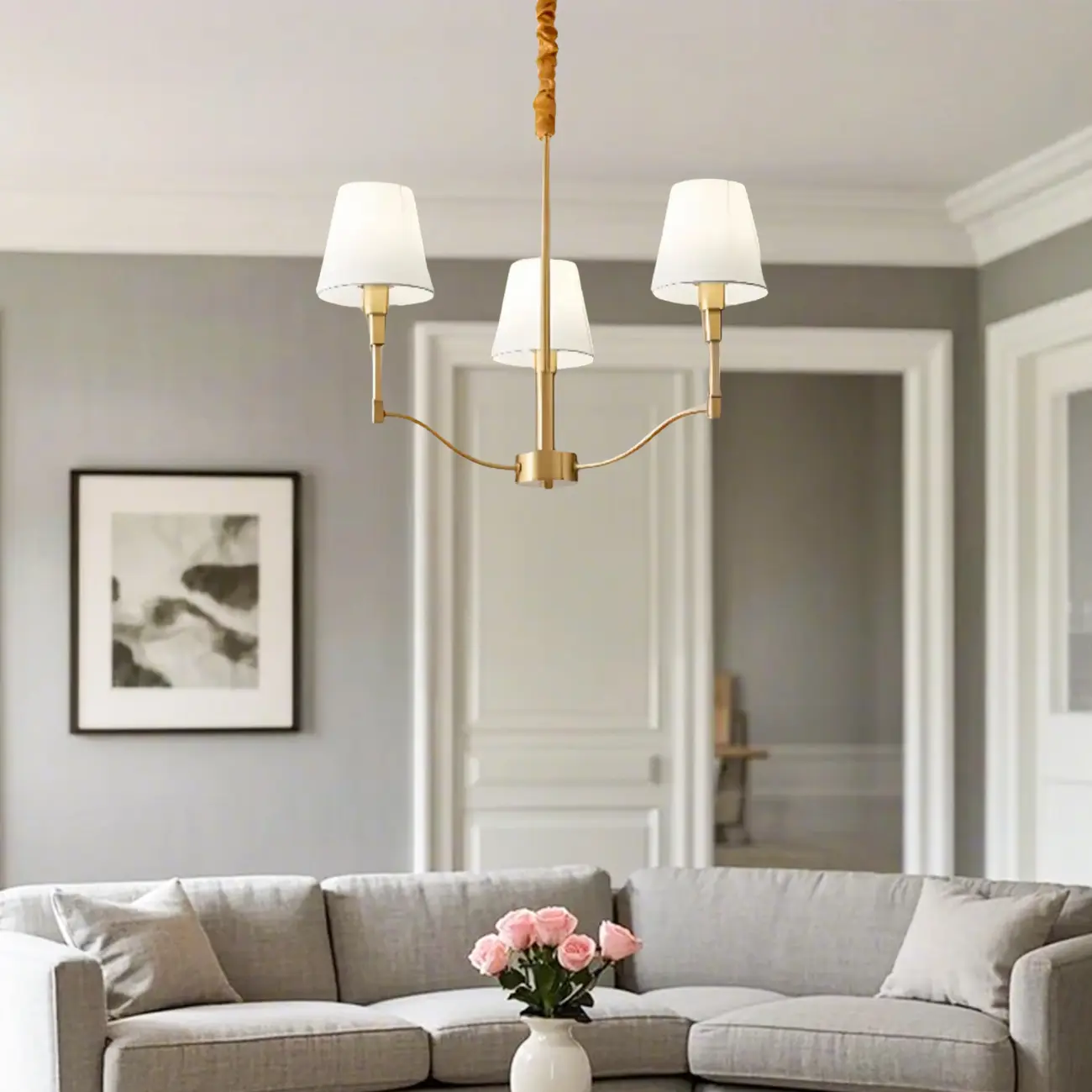 Modern 3-Light White Chandelier with Fabric Shades Image - 2 | homeyfad