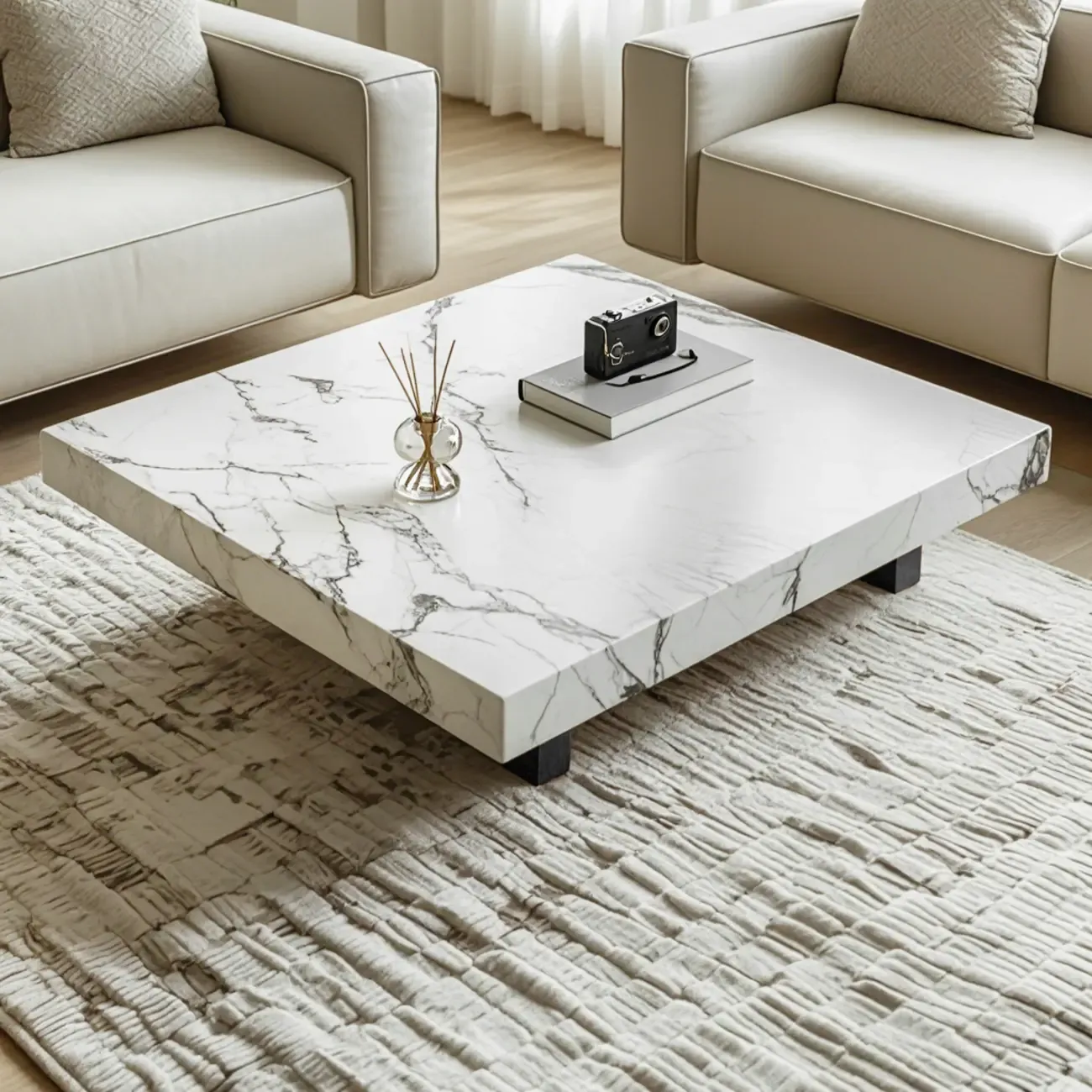 Modern Beige Stone Square Sleigh Base Coffee Table Image - 1