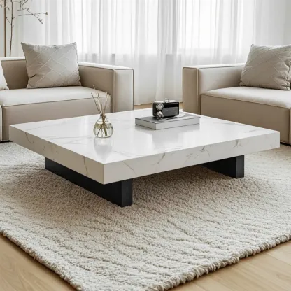 Modern Beige Stone Square Sleigh Base Coffee Table Image - 2