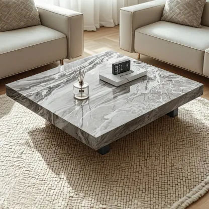Modern Beige Stone Square Sleigh Base Coffee Table Image - 3