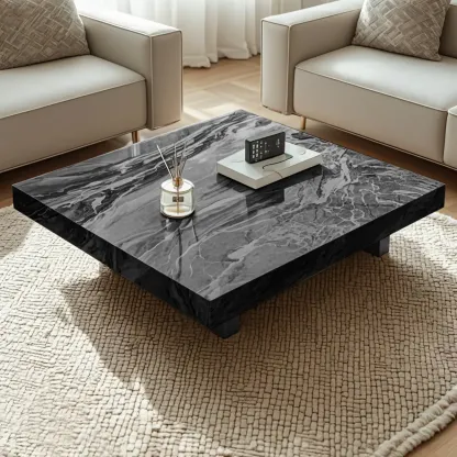 Modern Beige Stone Square Sleigh Base Coffee Table Image - 4