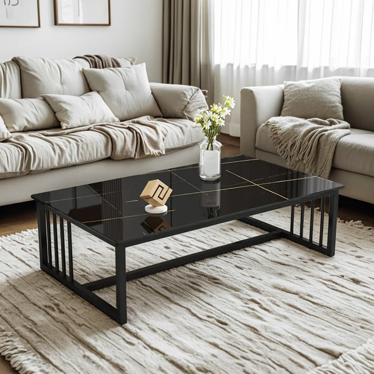 Modern Black Glass Stone Rectangular Trestle Coffee Table Image - 1 | homeyfad
