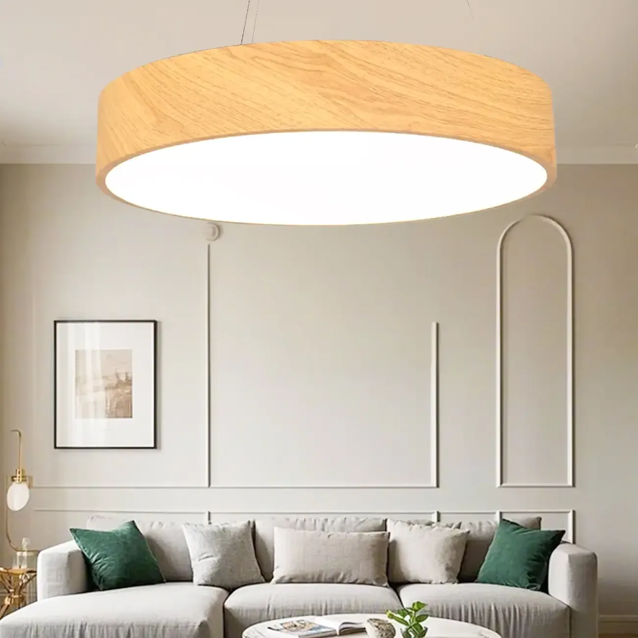Modern Circular Wood LED Chandelier with Adjustable Height  Image - 1